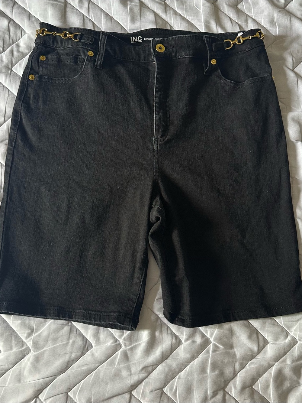 INC International Concepts Black women’s Denim Shorts with Gold Accent